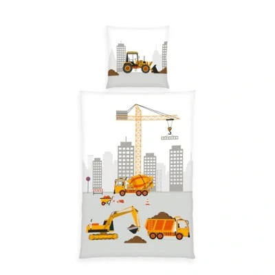 Abbildung von Baustelle Bettwäsche, Kopfkissenbezug ca. 80x80 cm, Bettbezug 135x200 mit leichtläufigem Markenreißverschluss, 100% Baumwolle, Renforcé