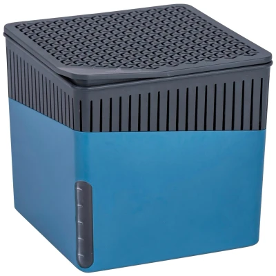 Abbildung von WENKO Raumentfeuchter Mod. Cube, Luftentfeuchter reduziert Schimmel &amp; Gerüche, Auffangschale mit 1 kg Granulatblock nachfüllbar, fasst bis zu 1,6 l Feuchtigkeit, 16,5 x 15,7 cm, Blau