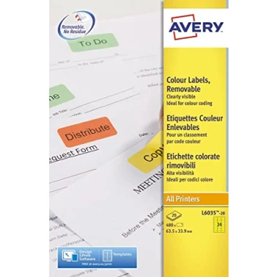 Abbildung von AVERY Zweckform L6035 20 Gelbe Etiketten (480 Aufkleber, 63,5x33,9mm auf A4, wieder rückstandsfrei ablösbar, selbstklebende Farbetiketten, Papier matt, bedruckbare, farbige Klebeetiketten) Blatt