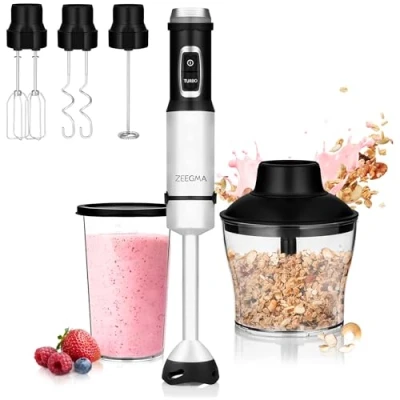 Abbildung von ZEEGMA Handy Chef Stabmixer 5in1 multifunktional 1500W, Düsensatz: Pürierstab, Mixer, Quirl, Rührhaken, Küchenmaschine 0,6 l, Behälter 0,8 Turbomodus, Drehzahlregelung