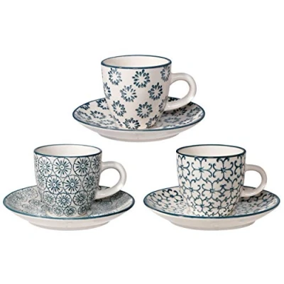 Abbildung von Bloomingville Espressotassen Kristina Retro Expresso Tassen mit Untertasse dickwandige C: Ø 6 x H 5,5 cm, S: 11,5 blau, Keramik, 3er Set, fasst ca. 80 ml