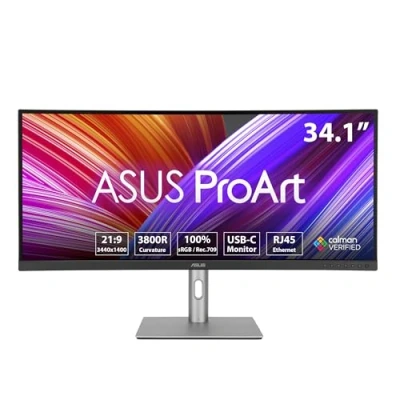 Abbildung von ASUS ProArt PA34VCNV 34 Zoll UWQHD Professioneller Curved Monitor 21:9 IPS, 3440x1440, 60 Hz ergonomisch, Calman, hohe Farbtreue, HDR 10 RJ45, DisplayPort, HDMI, 96W USB C, Hub, Speaker