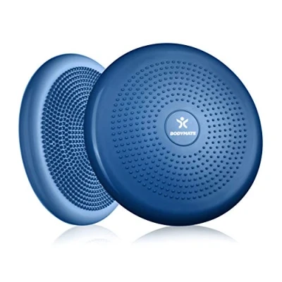 Abbildung von BODYMATE Ballsitzkissen inkl. Pumpe BLAU 34cm Durchmesser Balance Kissen, Luftkissen, Pad, Noppenkissen Core , Fitness Reha Koordinations und Rückentraining