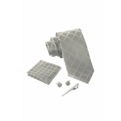 Abbildung von Massi Morino Krawatte Grau Quadrat mit Einstecktuch Set Herren inkl. Manschettenknöpfe, Krawattennadel und Geschenkbox Männer Krawattenset