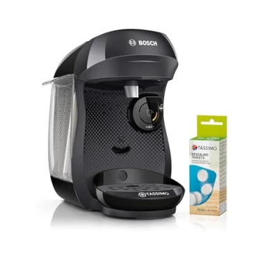 Abbildung von Bosch Tassimo happy friendly Kapselmaschine TAS102EA, über 70 Getränke, geeignet für alle Tassen, Abschaltautomatik, nachhaltig, 1 x Entkalkungstabletten, platzsparend, 1400 W, schwarz