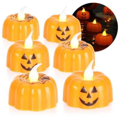 Abbildung von com four® 6x LED Teelichter Halloween flackernde in Kürbisform batteriebetriebene Kerzen Stimmungsbeleuchtung für Kürbisse (Set orange Kürbislichter)