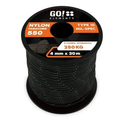 Abbildung von GO!elements 30m Paracord Seil aus reißfester Nylonschnur 4mm 550 Typ III Schnur Allzweckseil &amp; Reepschnur Max. 250kg, Farbe:Schwarz Reflektierend