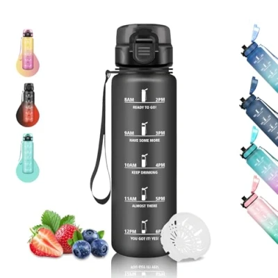 Abbildung von Trinkflasche 1l, Sport, Auslaufsicher, mit Filter, Zeitmarkierung, Kann Dir Tragen, Fitnessstudio, für Running, Camping, Wandern, Schwarz