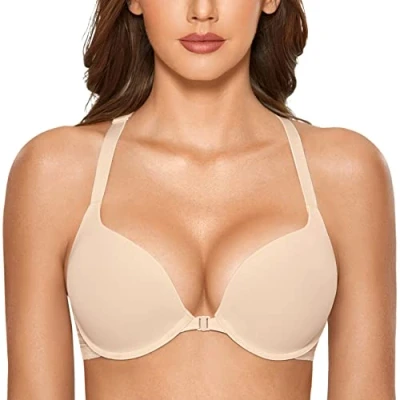 Abbildung von DOBREVA Damen Vorderverschluss Push Up BH mit Bügel Soft T Shirt Tiefen Ausschnitt BHS Neckholder Gepolsterter Beige 80B