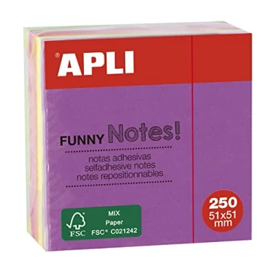 Abbildung von Apli 11596 Funny Sticky Notes 51 x mm Mini Block 250 Blatt 5 verschiedene fluoreszierende Farben