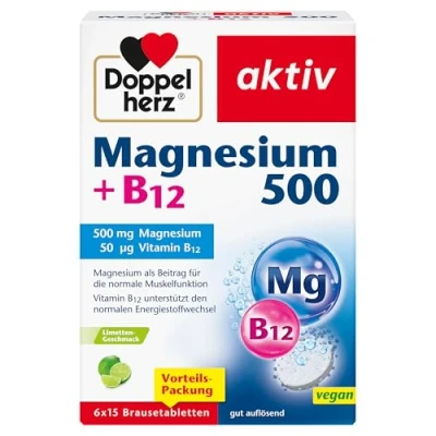 Abbildung von Doppelherz Magnesium 500 + B12 Hochdosiert mit mg pro Brausetablette 6 x 15 vegane Brausetabletten Limetten Geschmack