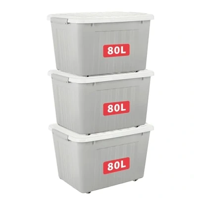 Abbildung von Cetomo,80L,3er Pack, Aufbewahrungsbox mit deckel,Aufbewahrungsboxen, Clips, stapelbar, Wohnzimmer, Schlafzimmer.lebensmittelecht ,Verschlussclips,Neumaterial Plastik Box grau