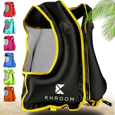 Abbildung von Khroom aufblasbare Schwimmweste Erwachsene nach neuester EU Norm 150 210 cm Körpergröße, bis 100 kg Auftriebsweste Schnorchelweste ab Jugendliche Schnorcheln, Kajakfahren und SUP (V2 Schwarz)