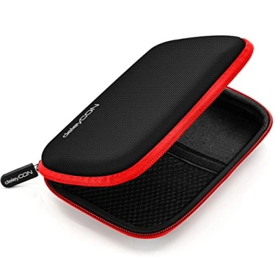 Abbildung von deleyCON Festplattentasche Festplatten Case HDD Für 2,5 Zoll und SSD Robust &amp; Stoßsicher 2 Innenfächer Netztaschen Schwarz/Rot