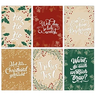 Abbildung von Papierdrachen Weihnachtskarten Set 12 liebevoll gestaltete Postkarten zu Weihnachten Kunstdruck zum Verschicken, Pakete dekorieren und Sammeln Handlettering