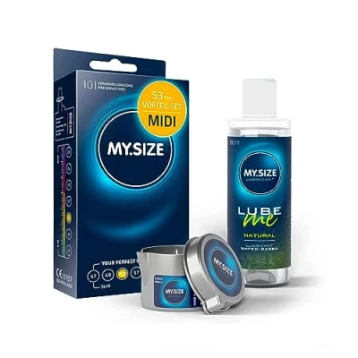Abbildung von MY.SIZE Vorteilspack Kondome 53mm, 10er Pack + Natural Gleitgel 100ml Massagekerze