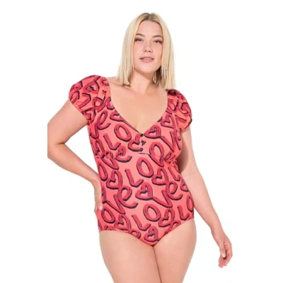 Abbildung von Ulla Popken LOVE Lettering Print PUFF Sleeve Badeanzug, Damen, Größe: 42, Coral