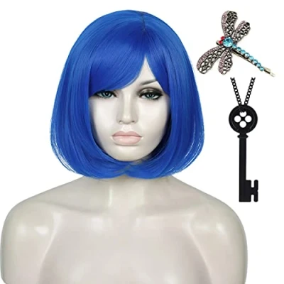 Abbildung von Damen Kurze Blau Perücke, ATAYOU Glatt Bob Perücke mit Schmetterling Haarspange und Schwarz Knopf Schlüssel Halskette für Coraline Halloween Cosplay Kostüm