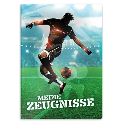 Abbildung von itenga Zeugnismappe mit Motiv DIN A4 stabile Dokumentenmappe Sichtbuch für Zeugnisse 20 Hüllen Kinder Jugendliche Schüler Mädchen Jungen (Motiv Fussball)