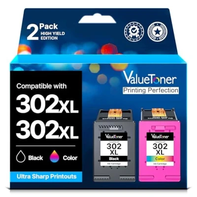Abbildung von Valuetoner 302 XL Multipack Wiederaufbereitet für HP Druckerpatronen 302XL Envy 4525 4520 4527 4524 OfficeJet 3831 5230 3830 5220 4655 3835 3834 Deskjet 3630 3636 (2 Pack,302XL XL)