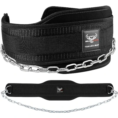Abbildung von BEAST RAGE Dip Gürtel Gewichthebergürtel mit robuster Beanspruchung, 91,4 cm, verstellbare Stahlkette, gepolstert, Neopren, Gymnastikgürtel, Rückenstütze, Herren, Damen, Fitness (schwarz)