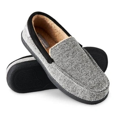 Abbildung von DUNLOP Hausschuhe Herren Mokassins mit Memory Foam und Fleece Futter, Rutschfeste Pantoffeln Gr. 41 46 (Beige/Schwarz, 45 EU)