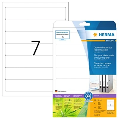 Abbildung von HERMA 10745 Recycling Ordnerrücken Etiketten kurz schmal, 20 Blatt, 192 x 38 mm, 7 pro A4 Bogen, 140 Stück, selbstklebend, bedruckbar, blickdicht, Ordneretiketten Rückenschilder Aufkleber, natur weiß