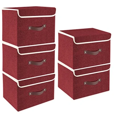 Abbildung von TYEERS Faltbare Aufbewahrungsbox mit Deckel, Stoff, Waschbare, Kisten Aufbewahrung 38x25x25 cm, 5 Stück, Rotwein