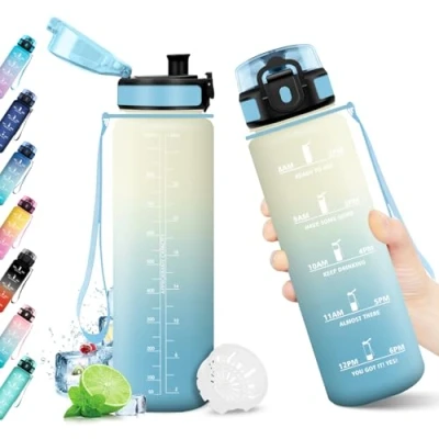 Abbildung von Trinkflasche 1L, Auslaufsicher, mit Zeitmarkierung, Sport Wasserflasche Filter, BPA frei, für Gym, Fahrrad, Büro, Outdoor, Erwachsene, Schule, Yoga