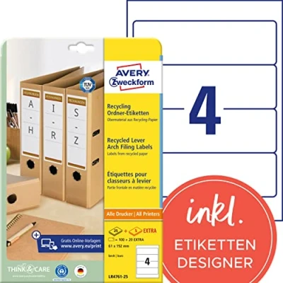 Abbildung von AVERY Zweckform LR4761 25 Recycling Ordnerrücken Etiketten (120 Rückenschilder, 61x192mm auf A4, 100% recyceltes Altpapier, breit/kurz, selbstklebend, bedruckbare Ordneretiketten) 30 Blatt, naturweiß