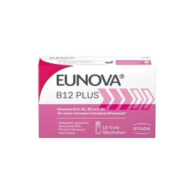 Abbildung von Eunova B12 Plus Nahrungsergänzungsmittel mit Vitamin B1, B2, B6 und im Trinkfläschchen tragen zu einem normalen Energiestoffwechsel bei 10 x 8ml