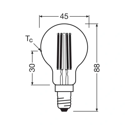Abbildung von Osram Energy Class LED Lampe in klassischer Miniballform, 2.2 W / 470 lm, EEK A, kaltweißes Licht (4000 K), CRI 80, aus klarfarbenem bleifreiem Glas, E14 Sockel, IP20, 45 mm Durchmesser.