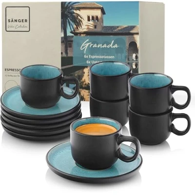 Abbildung von Sänger Granada Espressotassen Set Steingut 12 tlg, Mokka Tassen 6 Personen, &amp; Untertassen spülmaschinenfest mikrowellenfest Tassenset blau mit schwarzem Rand 80 ml VALUE COLLECTION