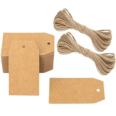 Abbildung von G2PLUS 100Stk Geschenkanhänger Kraftpapier Anhänger Etiketten Tags 4x7CM mit Jute Schnur für Handmade,Hochzeit Geschenk Weihnachten Braun