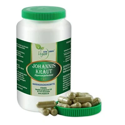 Abbildung von VITA IDEAL Vegan® JOHANNIS Kraut 360 KAPSELN Hypericum perforatum Tagesportion 750mg JOHANNISKRAUT reines Pulver. Pflanzlich, natürlich &amp; ohne Zusatzstoffe.