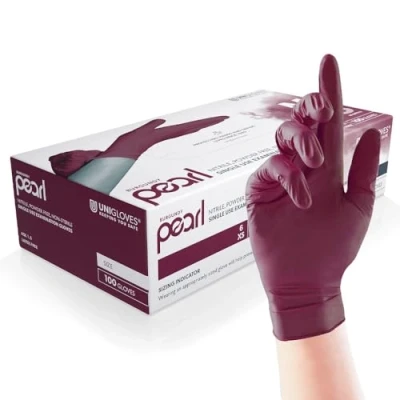 Abbildung von UNIGLOVES Burgundy Pearl Nitril Untersuchungshandschuhe vielseitig einsetzbar, puderfreie und latexfreie Einweghandschuhe Box mit 100 Handschuhen, Burgunderrot, Klein (GP0122)