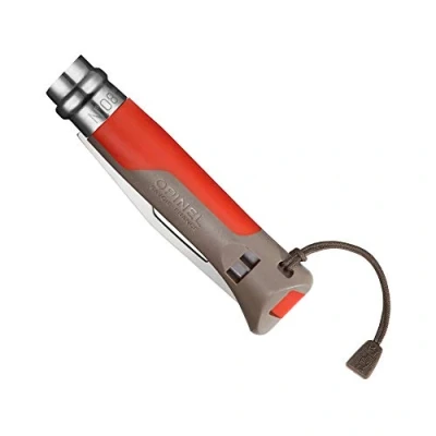 Abbildung von Opinel Messer Nr. 8 Outdoor, Stahl Sandvik 12C27, rostfrei, Teilsägezahnung, Griff braun/rot, Signalpfeife, Schäkellöser