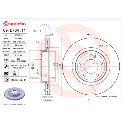Abbildung von BREMBO 09.D764.11 Bremsscheibe 345 22 5 innenbelüftet beschichtet hochgekohlt mit Schrauben
