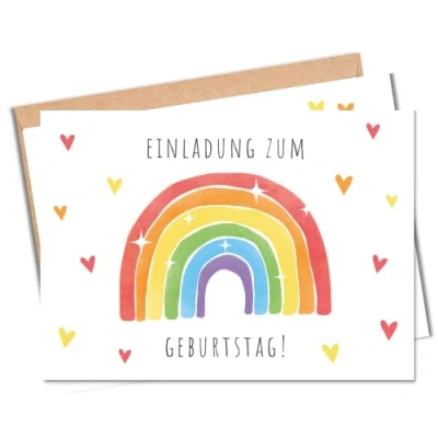 Abbildung von MeinBaby123® 10 Einladungskarten Kindergeburtstag Mädchen und Jungs süße Geburtstagseinladungen für Kinder Regenbogen inkl. Briefumschläge Premium Qualität (Regenbogen bunt V1)