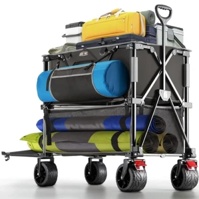 Abbildung von Overmont Doppeldecker Bollerwagen Faltbar 400I Klappbar mit Geländegängige Breite Räder 132cm extra Lange Verlängerung bis 200kg Tragkraft für Camping Sport Einkaufen Garten Strand Schwarz
