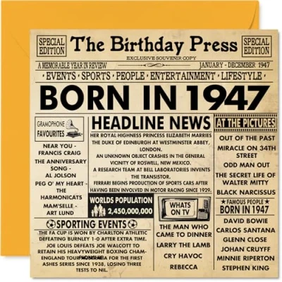 Abbildung von Geburtstagskarte zum 77. Geburtstag für Männer und Frauen, Zeitung &quot;Born in 1947 Newspaper Happy 77 Birthday Card for Grandad Grandma Nan Vintage Retro Back 1947, 145 mm x mm,