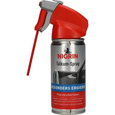 Abbildung von NIGRIN Talkum Spray 100 ml Sprühdose mit Funktionssprühkopf, Pflege für Gummiteile am Auto, pflegt und schützt nachhaltig