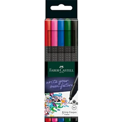 Abbildung von Faber Castell 151604 Grip Finepen, Fineliner basic, mit metallgefasster Fasterspitze 0.4 mm, 5er Etui