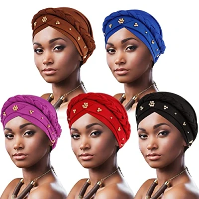 Abbildung von DRESHOW 1 Stück Afrikanischer Damen Turban Doppelt Geflecht Kopfbedeckung Kopftücher Chemo Kappe Vorgebunden Beanie Mütze Kopfwickel Schlafmütze