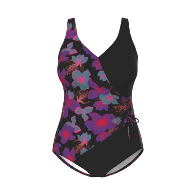 Abbildung von Ulla Popken Damen große Größen Übergrößen Plus Size Badeanzug Alina, Wickel, Dark Lilac Flowers