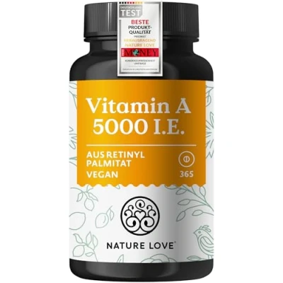 Abbildung von NATURE LOVE® Vegane Vitamin A 365 Tabletten mit 5.000 IE für Sehkraft, Haut &amp; Immunsystem hochdosiert, ohne unnötige Zusätze in Deutschland produziert laborgeprüft