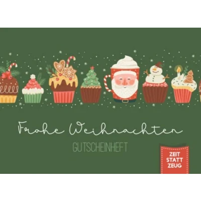 Abbildung von Frohe Weihnachten Gutscheinheft: Kleines Gutscheinbuch zu mit 12 vollfarbigen Blanko Gutscheinen zum selber Ausfüllen. Tannengrün ... Köstlichkeiten, Cupcakes und Getränken