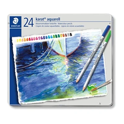 Abbildung von STAEDTLER aquarell Buntstifte karat aquarell, wasservermalbare, weiche und farbintensive Mine, für unterschiedliche Trocken Nasstechniken, 12 Aquarellstifte im Metalletui, 125 M12