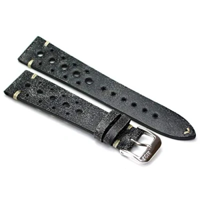 Abbildung von RIOS1931 Rallye Vintage Rindsleder Uhrenarmband handgemacht in Deutschland 22mm Scratched Black
