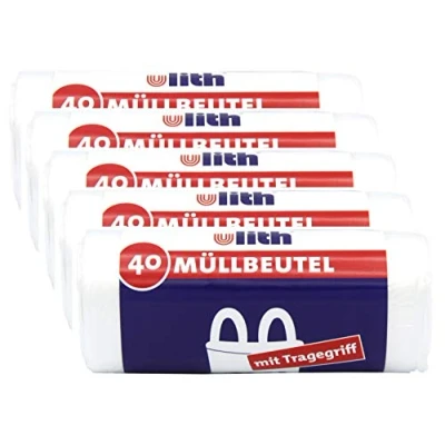 Abbildung von Ulith Müllbeutel mit Tragegriff, 20 Liter, 40 Stück pro Rolle, transparent (5er Pack)